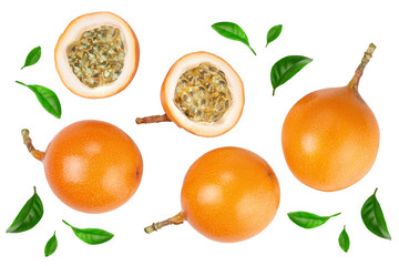 Granadilla or yellow passion fruit with leaf isolated on white background. Top view. Flat lay