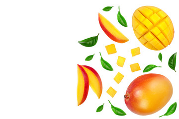 Mango fruit and half with slices isolated on white background with copy space for your text. Top view. Flat lay