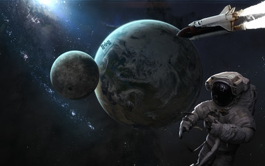 Earth and the Moon. Astronaut, Space Shuttle, ISS. Solar system. Science fiction art. Elements of the image were furnished by NASA