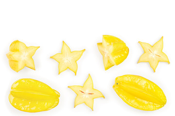 Carambola or star-fruit isolated on white background with copy space for your text. Top view. Flat...