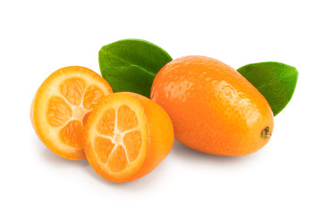 Cumquat or kumquat with half isolated on white background