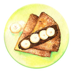 Pancakes Chocolate Bananas Plate dessert sweet watercolor isolated