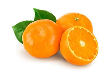 tangerine or mandarin fruit with leaves isolated on white background