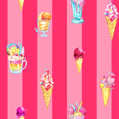 Milkshake Ice cream cocktail pattern pink watercolor seamless