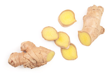 fresh Ginger root and slice isolated on white background with copy space for your text. Top view. Flat lay