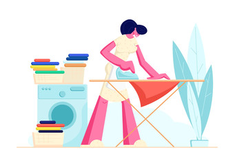 Housewife Ironing Clear Linen at Home. Young Woman Every Day Domestic Routine, Washing Clothes in Machine and Iron on Board. Housekeeping Female Character Home Work. Cartoon Flat Vector Illustration