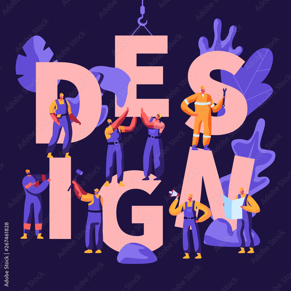 Poster design concept with workers characters in uniform and helmets, architects with project plan. buildin