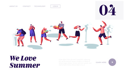 Happy People Splashing and Playing with Water in Hot Summer Time Season Weather. Drinking, Shoot with Toy Water Guns, Wash Face Website Landing Page, Web Page. Cartoon Flat Vector Illustration, Banner