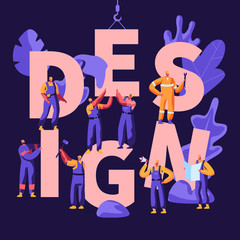 Design Concept with Workers Characters in Uniform and Helmets, Architects with Project Plan. Building Construction Process with Crane, Poster, Banner, Flyer, Brochure. Cartoon Flat Vector Illustration