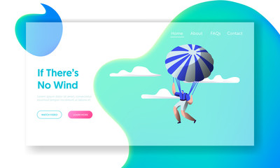 Skydiving, Paragliding, Summer Time Leisure Sports Activity. Man Floating with Parachute, Relax at Vacation, Leisure, Recreation Website Landing Page, Web Page Cartoon Flat Vector Illustration, Banner