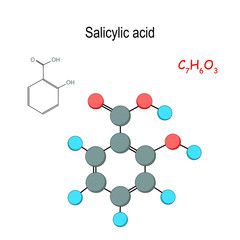 Salicylic acid. Chemical structural formula and model of hormone molecule. C7H6O3.