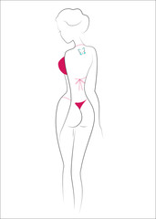 Silhouette of a beautiful lady. The girl is slim and feminine. A woman is dressed in a red swimsuit. Back view. Vector illustration