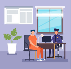 Policeman officer cop character arrest and interrogates suspected criminal prisoner asking him question. Crime and law concept. Vector flat cartoon illustration