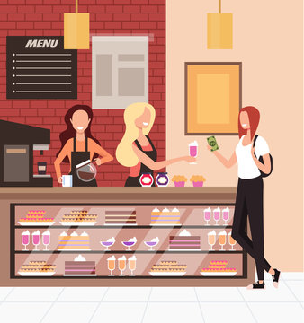 Woman client consumer by milkshake in bakery candy shop. Public food take away cafe business concept. Vector flat graphic design cartoon illustration