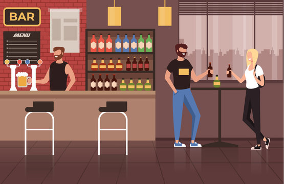 Friends people characters meeting in bar pub cafe and drinking alcohol cocktail. Public place concept. Vector flat graphic design cartoon illustration