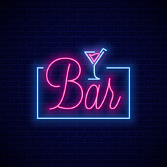 Bar neon sign. Neon banner of cocktail bar on wall - obrazy, fototapety, plakaty