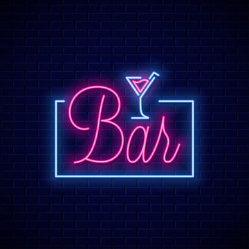 Bar neon sign. Neon banner of cocktail bar on wall