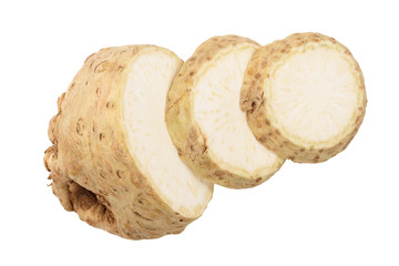 Fresh slice celery root isolated on white background. Top view. Flat lay.