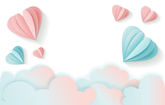 Horizontal Love card for Valentine's day with free space for your text.3D flying pink and blue Paper heart and clouds. Romantic hearts on white background. paper craft style. Bulk banner for ad