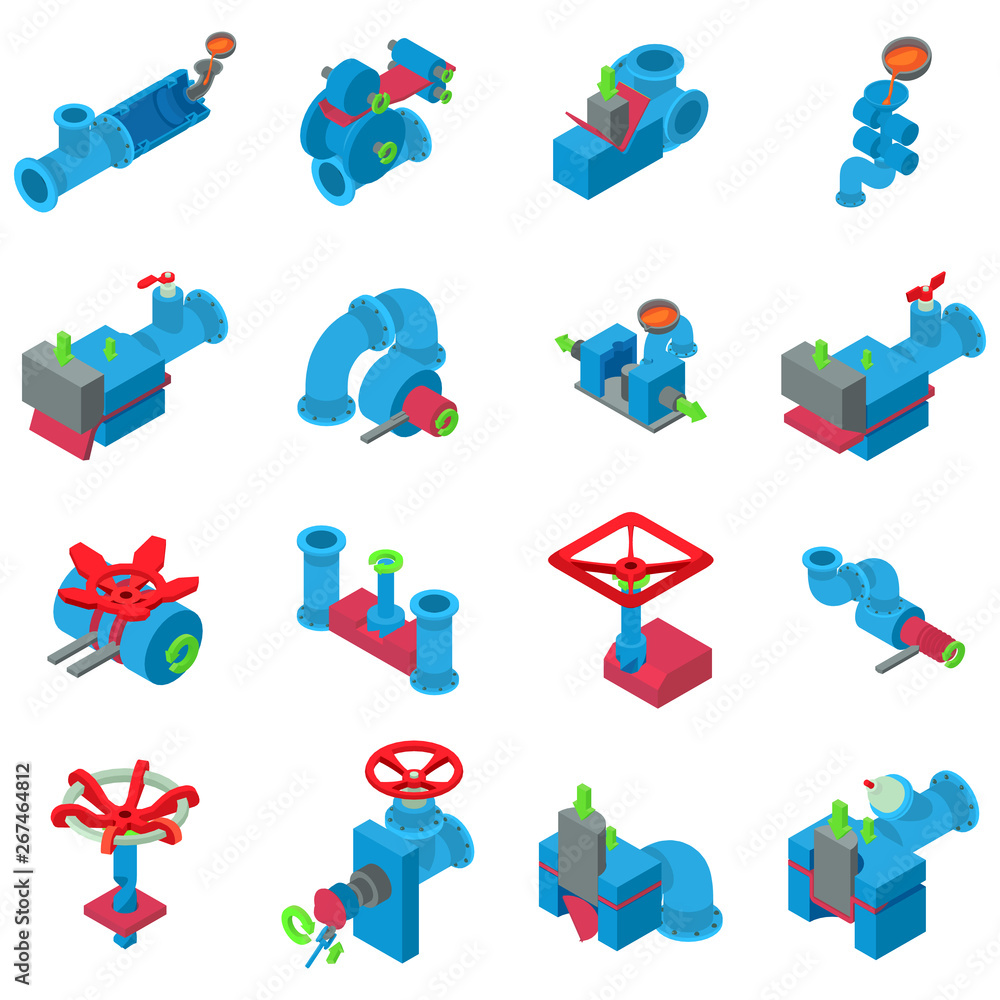 Poster pipe icons set. isometric set of 16 pipe vector icons for web isolated on white background