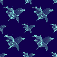 Marine graphic seamless pattern with animal. Vector illustration. The dolphin consist of lines....