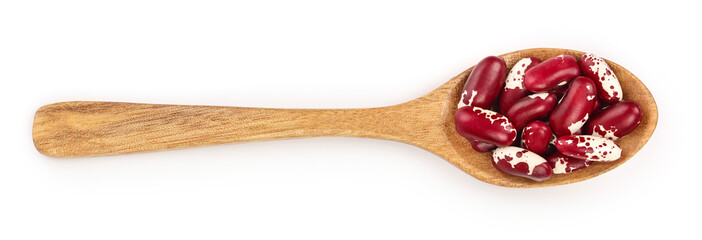 variegated kidney bean in wooden spoon isolated on white background. Top view. Flat lay