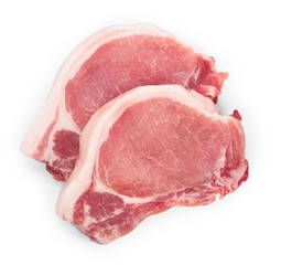 sliced raw pork meat isolated on white background. Top view. Flat lay