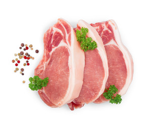 sliced raw pork meat with parsley isolated on white background. Top view. Flat lay
