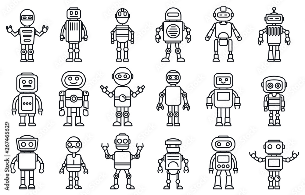 Poster humanoid robot icons set. outline set of humanoid robot vector icons for web design isolated on whit