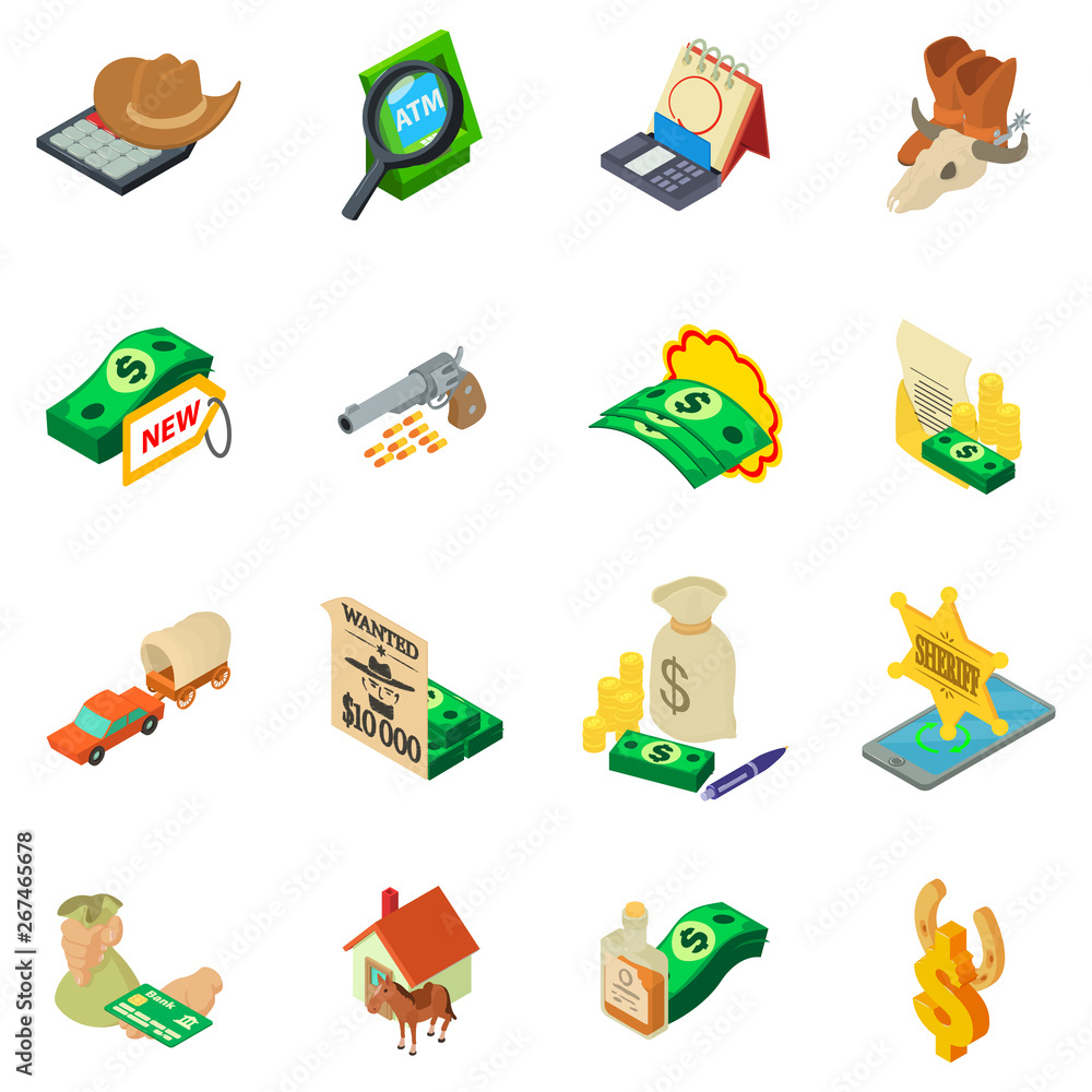 Poster search of money icons set. isometric set of search of money vector icons for web isolated on white b