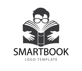 nerd guy holding book of knowledge using two hands vector logo design illustration