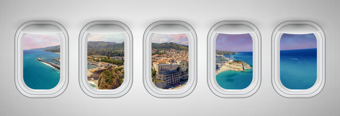 Tropea at sunset as seen through five aircraft windows. Holiday and travel concept