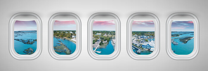 Georgetown as seen through five aircraft windows. Holiday and travel concept