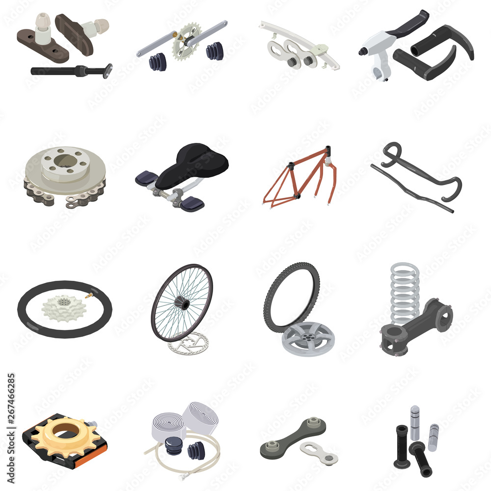 Poster bicycle part icons set. isometric set of 16 bicycle part vector icons for web isolated on white back