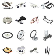 Bicycle part icons set. Isometric set of 16 bicycle part vector icons for web isolated on white background