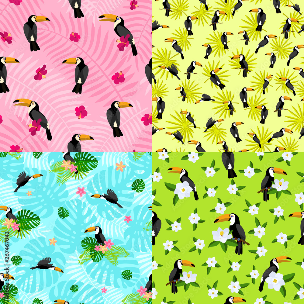 Poster toucan pattern set. flat illustration of toucan vector pattern set for web design