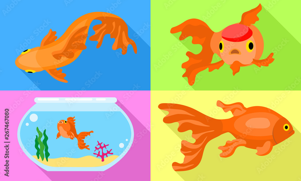 Poster goldfish icons set. flat set of goldfish vector icons for web design