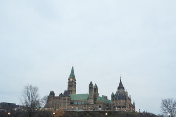 Main tower of the center block of the Parliament of Canada, on Parliament Hill, in Canadian Parliamentary complex of Ottawa. It's a major landmark,  containing the Senate and the house of commons