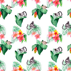 Seamless background with tropical leaves, flowers and lemur family. Bright background for packaging, textiles, Wallpapers and original design ideas.