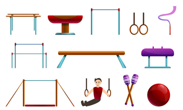 Gymnastics equipment icons set. Cartoon set of gymnastics equipment vector icons for web design