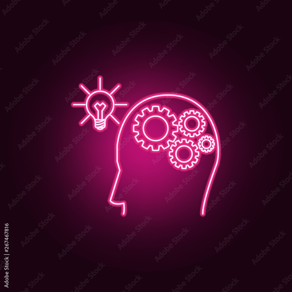 Poster human brain with gears connected to light bulb neon icon. elements of idea set. simple icon for webs