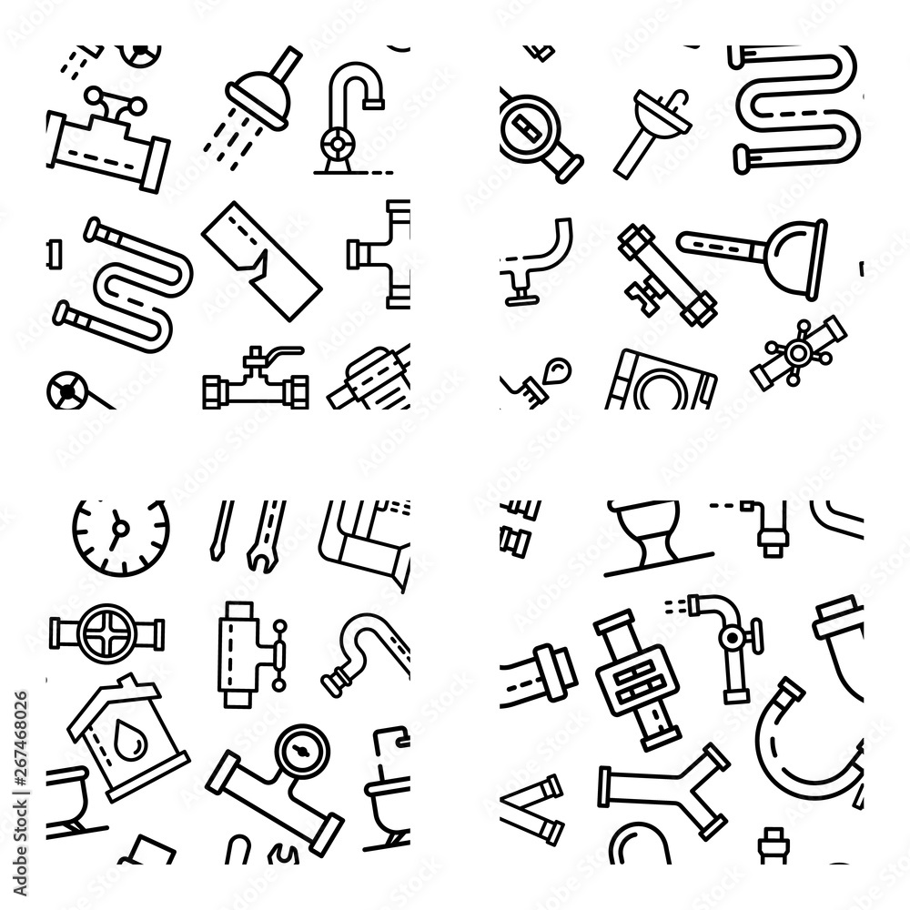 Poster plumbing pattern set. outline illustration of plumbing vector pattern set for web design