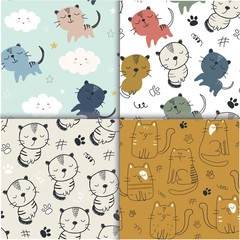 set of seamless patterns with cute cats. vector illustration for textile,fabric.