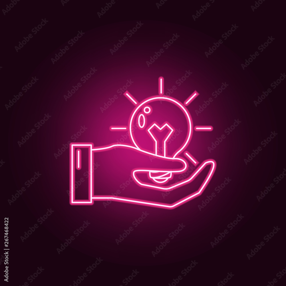 Poster a light bulb in a man's hand neon icon. elements of idea set. simple icon for websites, web design, 