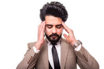 Naklejka premium Worried arab businessman with head ache isolated on a white background