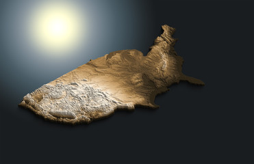 Relief map of USA with 3D effect. Isometric map of country. Clipped at border. CGI map of digital elevation model.