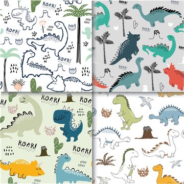 childish dinosaur seamless pattern set for fashion clothes, fabric, t shirts. vector © neapol