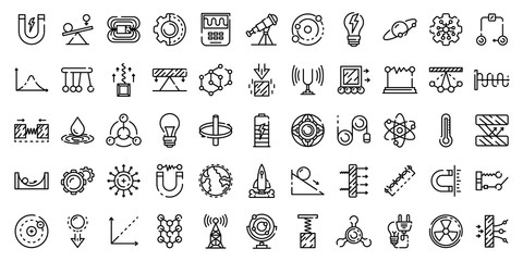 Physics icons set. Outline set of physics vector icons for web design isolated on white background