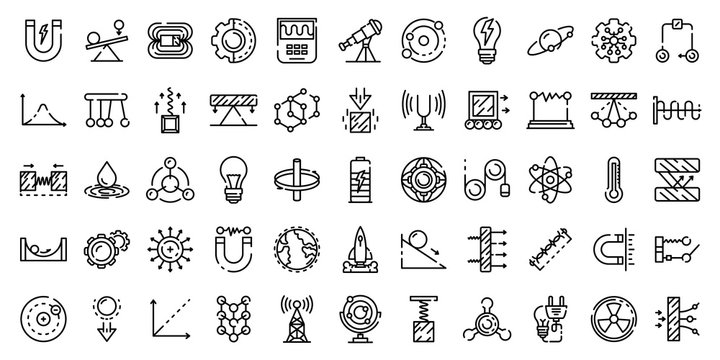 Physics icons set. Outline set of physics vector icons for web design isolated on white background