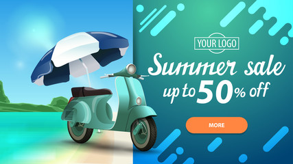 Summer sale, discount web banner for your website with beautiful seascape, modern design and scooter with a beach umbrella